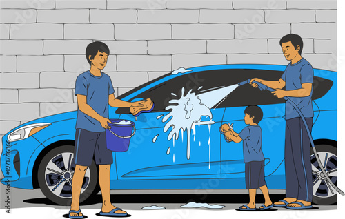 A family washes a blue car together outdoors. A father and son enjoy a fun, soapy car wash day. Bright colors and a casual scene.
