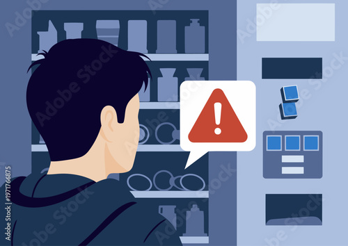 A frustrated young man stares at a vending machine displaying a payment failure error. A warning symbol highlights the issue. Modern illustration style.