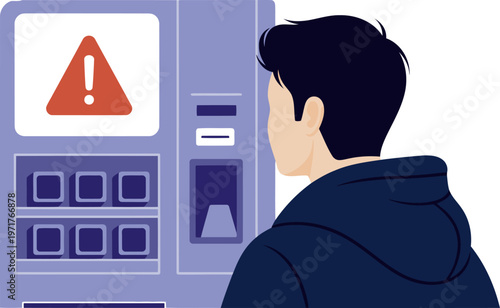 A frustrated young man stares at a vending machine payment failure. A prominent warning symbol highlights the problem. Modern illustration style.