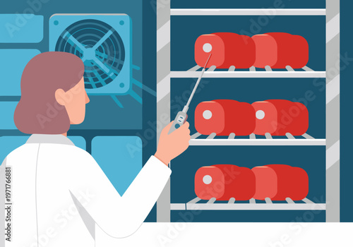 A food safety professional inspects meat storage with a thermometer. Clean, modern lab setting. Focus on quality control and food safety.