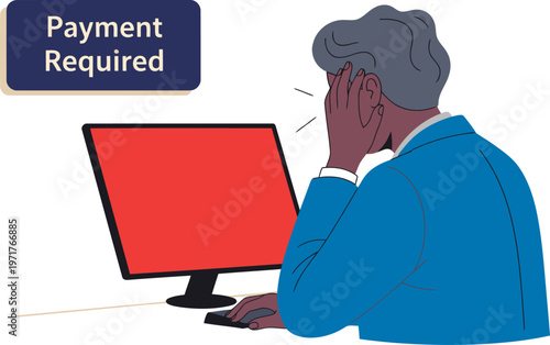 A frustrated professional struggles with a software subscription payment failure, displayed on a computer screen.  A clear visual representation of payment issues.