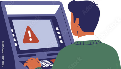 A frustrated man uses an ATM, receiving an error message. The image highlights a common financial issue with a clear, modern style. Suitable for business and finance themes.