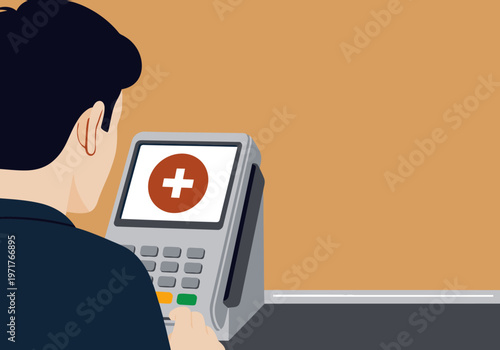 A frustrated man stares at a payment failure error on a retail terminal.  Clear, modern illustration.  Focus on the problem and visual impact.