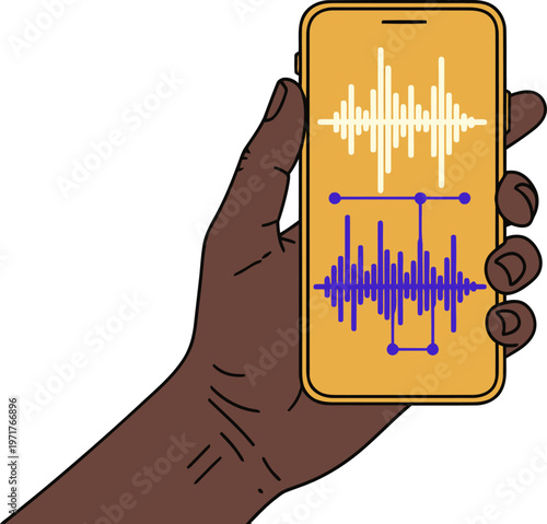 A hand holds a smartphone displaying a binaural beats frequency app. The screen shows a waveform graphic. Modern, digital, and calming.