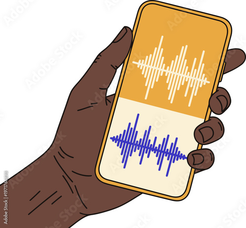 A hand holds a smartphone displaying a binaural beats frequency waveform. The background is a vibrant orange. Modern, digital, and calming.