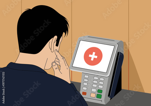 A young man stares at a payment terminal displaying an error message. He appears frustrated. Clear, focused composition with a bright background. Suitable for business and technology themes.