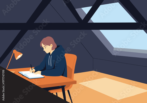 A young man studies in a loft space with skylights. He?s focused, using a desk lamp and book. A cozy, productive study scene.