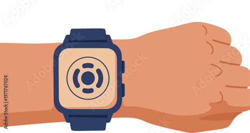 A modern smartwatch displays spatial audio status on a wrist. Clean, flat design illustration. Ideal for tech, wearable, and digital concepts.