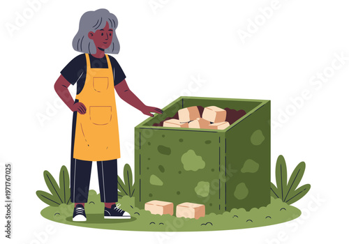 A mature Black woman tends a compost bin in her garden, promoting sustainable practices. A vibrant illustration showcasing teen success and environmental awareness.