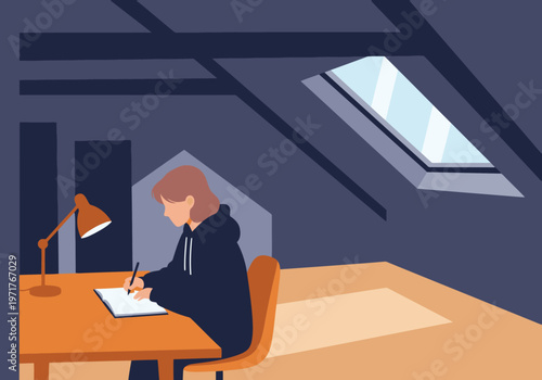 A young man studies in a loft space with a skylight. He?s focused, using a desk lamp and notebook. Modern, educational, and inviting.