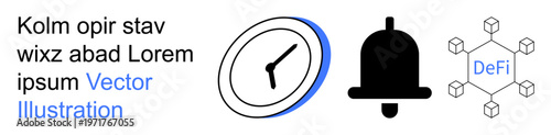 Time management, notifications, blockchain, DeFi network, technology icons, digital systems. Clock, bell and DeFi network symbol displayed. Time management and notifications