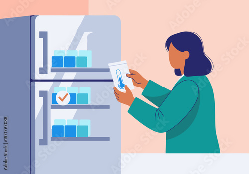 A professional woman checks refrigerator temperature control for pharmacy medicine. Clean, modern illustration with a bright color palette. Focus on healthcare and quality control.