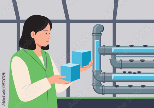 A professional woman monitors an aquaponic water harvesting system, holding cubes. Modern, clean studio setting with blue pipes and plant beds.  Illustrative style.