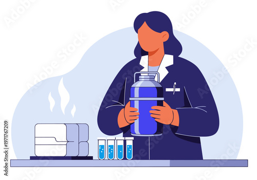 A female scientist carefully manages a cryogenic sample cold chain, showcasing precision and scientific rigor. Modern lab setting with detailed equipment.