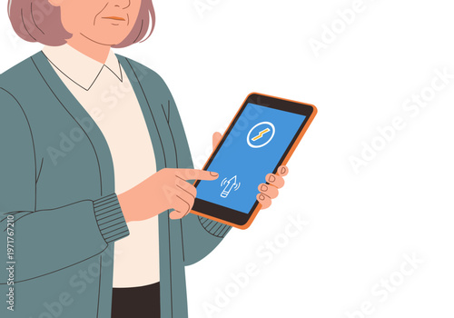 A senior woman struggles with a tablet displaying an error message. The image highlights technology challenges for older adults, offering a relatable and poignant visual.