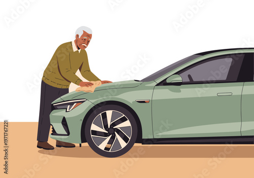 A senior man lovingly cleans his modern electric vehicle. Warm colors and a relaxed pose showcase a senior owner's pride. Clean, bright, and inviting.