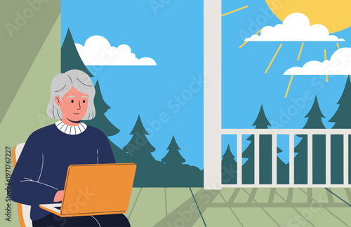 A senior professional works remotely on a laptop by a window, enjoying a sunny day in a serene forest setting.  Ideal for remote work concepts.