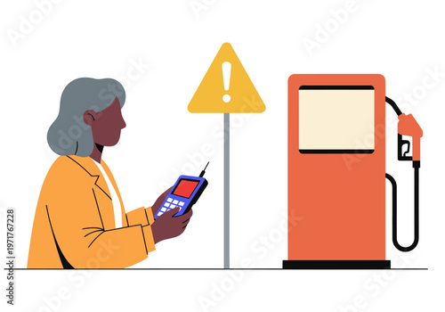 A woman struggles with a malfunctioning gas pump, a warning sign visible. Illustrative style, conveying frustration and a common travel inconvenience. Modern, flat design.