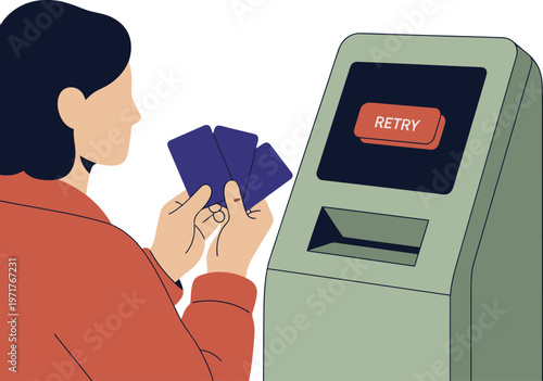A young woman struggles with multiple card payment failures at an ATM.  A clear, modern illustration highlights the frustration of payment issues.  Bright colors and bold text.