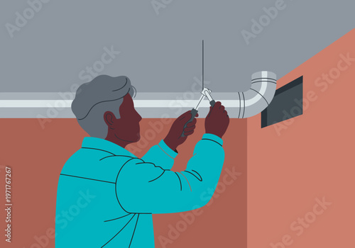 A technician inspects and cleans an exposed duct in a loft. Clear, professional lighting highlights the maintenance task. Focus on detail and functionality.