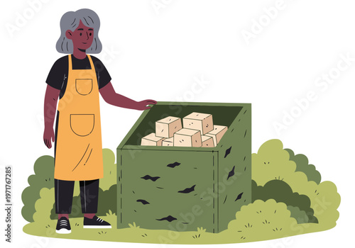 A teen girl composts in a garden, showcasing sustainable success. Vibrant colors and a clear composition highlight her achievement.  Ideal for lifestyle and educational visuals.