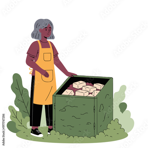 A teen girl enthusiastically tends to a composting garden, showcasing sustainable practices and a successful teen initiative. Bright, cheerful illustration.