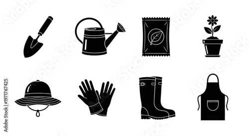Essential Gardening Tools and Accessories Silhouette Icon Set for Home Horticulture and Outdoor Cultivation Projects