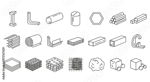 Set of various industrial metal profiles and materials shown from a 3D isometric perspective in a clean, minimalist line art style