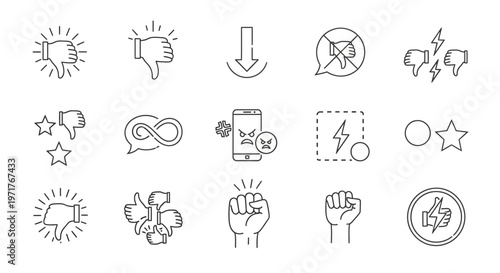 Modern Collection of Dislike and Negative Feedback Line Icons, Expressing Disapproval, Anger, and Frustration Concepts