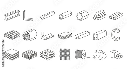Comprehensive collection of industrial metal profiles, construction materials, and raw forms presented in a clean line art illustration