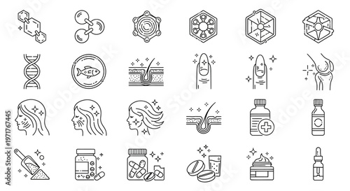 Set of medical icons representing healthcare, science, and wellness concepts, including DNA, molecules, hair, skin, and joints