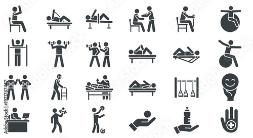 Set of physiotherapy and rehabilitation icons representing various treatments and exercises for physical therapy patients