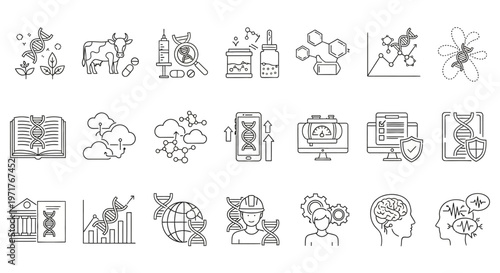 Collection of scientific icons representing genetics, DNA, research, and biotechnology advancements