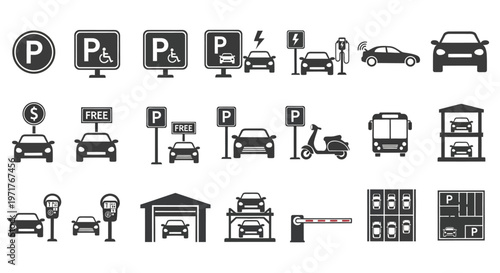 Collection of Parking Related Icons and Symbols Illustrating Various Parking Services and Facilities for Vehicles
