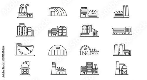 Set of various industrial building icons for factory, manufacturing, and production designs