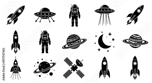 A Vast Collection of Space Exploration and Cosmic Objects Vector Icons Featuring Rockets, Astronauts, Planets, and UFOs in Silhouette Style