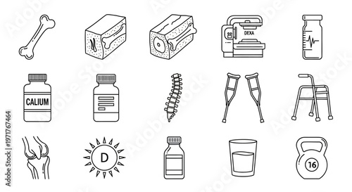 Orthopedic And Medical Supplies Icons Set Featuring Bones, Crutches, Vitamins, And Diagnostic Equipment For Healthcare And Wellness