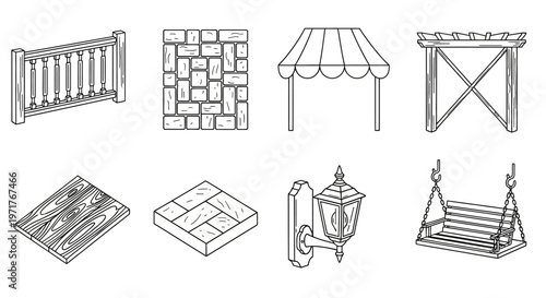 Architectural outdoor elements concept. Detailed line art illustrations of garden and home design components like fences, awnings, and swings