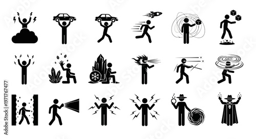 Collection of stick figure icons representing various human actions, concepts, and emotions including running, power, and concentration