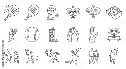 Collection of padel tennis icons and illustrations representing sports equipment, players, and courts for active lifestyle and game enthusiasts