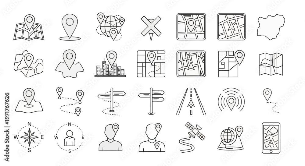 Fototapeta premium Collection of Navigation and Location Icons Maps, GPS, Pins, and Directional Symbols