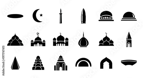Collection of Diverse Islamic Mosque and Sacred Building Icons Silhouettes