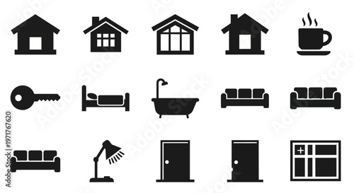 Comprehensive black silhouette icons representing home, furniture, and residential property elements for modern design