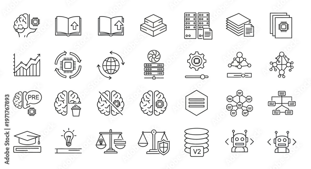 Fototapeta premium Illustrative Concepts A Modern Line Icon Collection for Artificial Intelligence, Data Science, Machine Learning, and Education