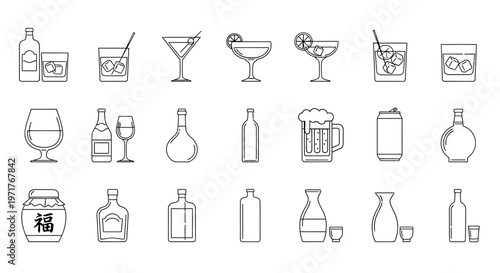 Minimalist Outline Vector Icons of Alcoholic Drinks and Bottles for Bars, Menus, and Beverage Industry