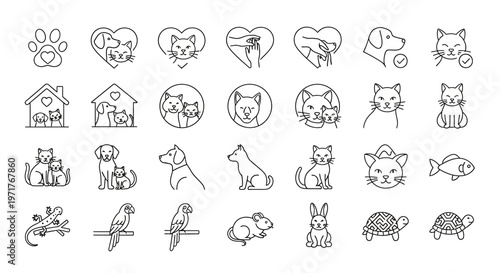 Outline Vector Icons for Pet Care, Animal Welfare, and Domestic Pets with Love and Home Elements