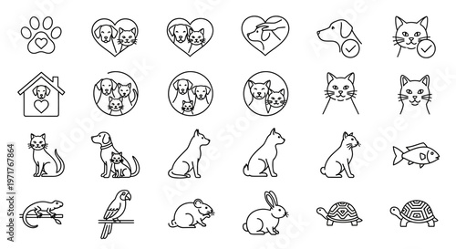 Modern Collection of Line Art Pet Icons Representing Animal Care, Love, Adoption, and Companion Services