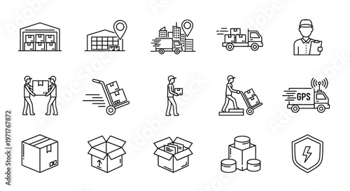 Logistics and Delivery Services A Comprehensive Set of Icons Representing Shipping, Warehousing, and Transportation