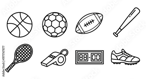 Illustrative Vector Outline Icons of Essential Sports Equipment and Athletic Accessories Set