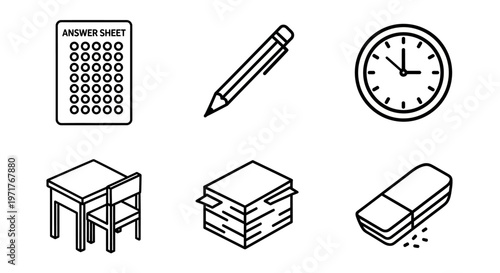 Set of Study and School Icons with Desk, Chair, Pencil, Eraser, Clock, and Answer Sheet